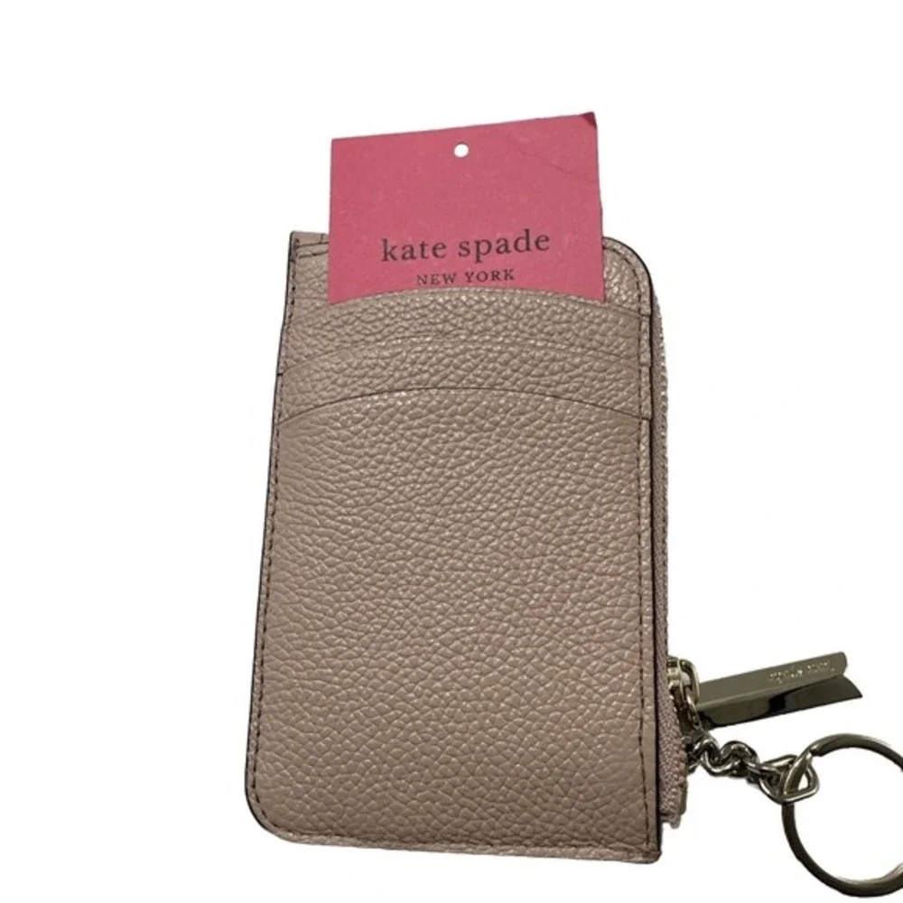Kate Spade New York Pebbled Leather Zip Card Holder Key‎ Ring Taupe Mauve 11-11